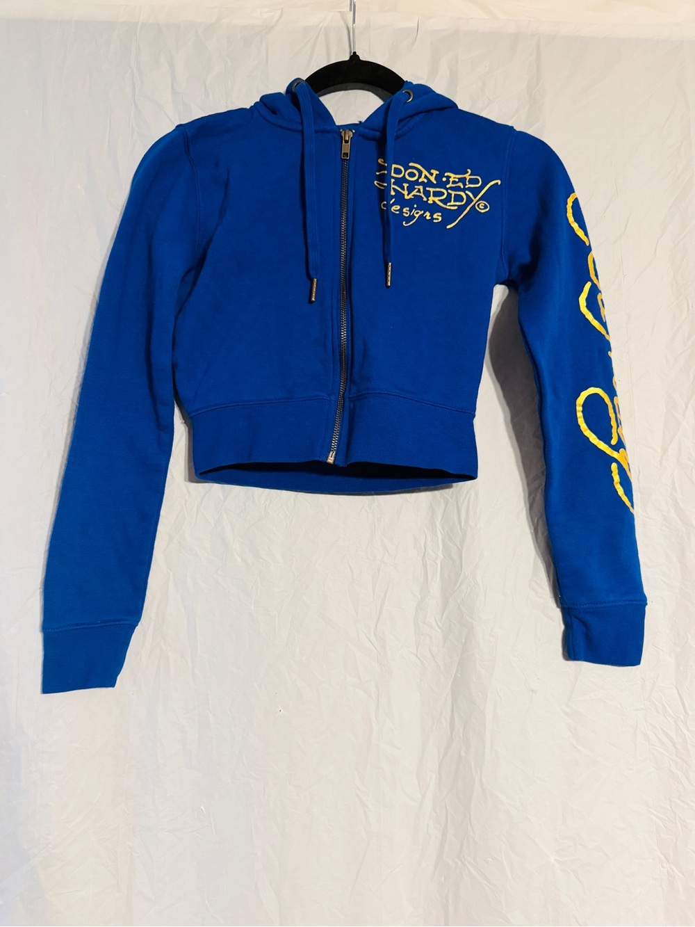 Ed Hardy Womens XS Blue Tiger Floral Full Zip Hoodie Y2K Tattoo Graphic Cropped
